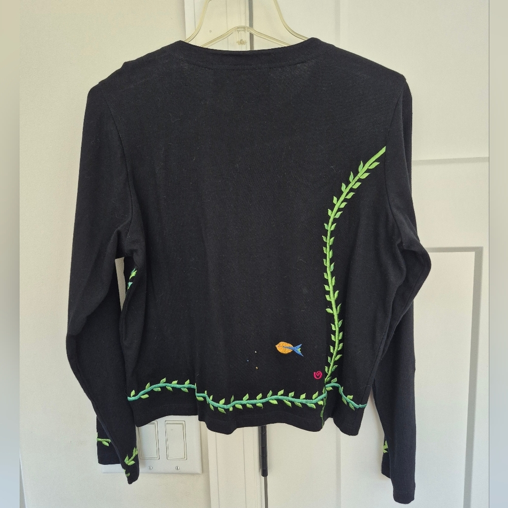 Michael Simon Cardigan Black Fish Embroidered Long Sleeve Button Up Size S - Picture 3 of 9